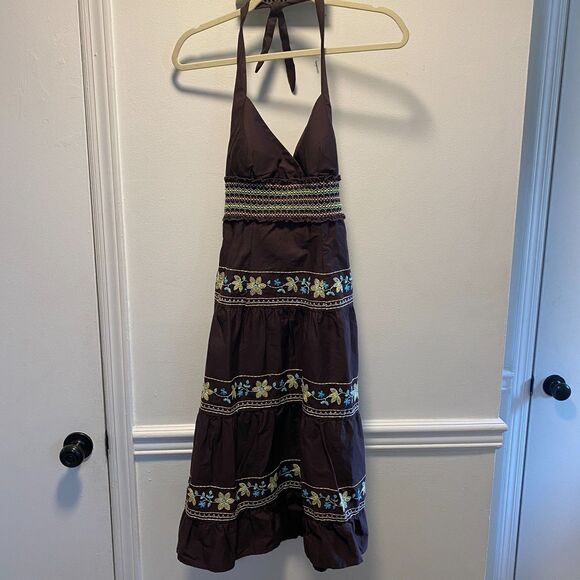 Trixxi Brown Floral Embroidered Halter Sundress Size 5 Smocked Boho Festival - Picture 1 of 8